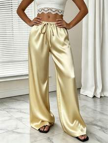 1pc Solid Color Drawstring Pocket Pants, Suitable For Home, Daily Wear, Holidays, Singles Party, Satin, All Seasons Spring - Yellow - View 5