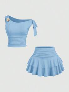 Conjunto de top de tirantes y minifalda plisada y con decoración de flores metálicas para mujer, ideal para el verano - Azul - Ver 1