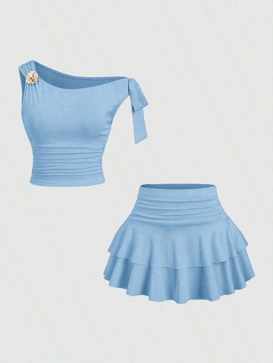 Conjunto de top de tirantes y minifalda plisada y con decoración de flores metálicas para mujer, ideal para el verano - Azul - Ver 1
