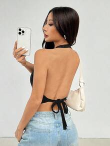 Top sin mangas de verano de color liso con escote en la espalda y cuello colgante para damas - Negro - Ver 7