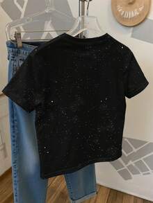 Camiseta de mujer de manga corta y cuello redondo con bordado de lentejuelas en forma de lazo, 56% algodón, estilo minimalista de moda, regalo para amigos - Negro 3 - Ver 2