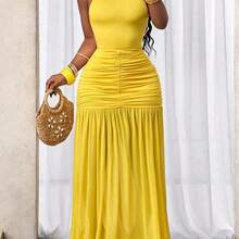BamGlam Women's Solid Color Pleated Dress With Halter Neck , Beach Vacation Outfits For Women , Vacation Outfits Women  , Holiday Outfits For Women  , Vacation  , Holiday  , Summer Holiday Outfits , Holiday Outfits  , Vacation Outfits For Women Beach Vacation Outfits For Women , Summer , Summer Clothes  , Summer Outfits For Women , Summer Outfits ,  Summer Outfit For Women - Negro - Ver 2