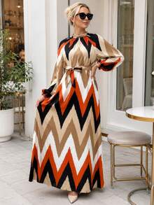 Elegant Pattern Long Sleeve Maxi Dress with Tie Waist - Comfortable Flowy Dress for Everyday Wear, Office Style, Dinner Outfits, Vacation Looks, and Special Occasions - 摩卡棕 - 查看 4