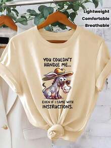 1 Piece Of Women's Botanical Print Cotton T-Shirt, Cool, Breathable, Casual Natural Style, Round Neck, One-Piece, With Fun Letter And Animal Print, Stylish, With "You Can't Control Me" And "Animal Donkey" Prints, For Spring, Summer, Sports, Vacation, Short Sleeve, Casual Holiday Style, Loose And Slimming Retro Fashion, Versatile, Short Sleeve T-Shirt For Women, Ideal For Everyday Wear On Summer Vacation. Suitable For Spring, Summer And Autumn. - 杏色 - 查看 2
