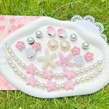 18pcs Pink Ocean Series Shoe Charms, Shell, Starfish, Bow DIY Accessories, Charm Set For Perforated Slippers - Pink Starfish Long Chain - View 4