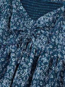 Acelitt Vestido de manga farol con frente fruncido y parches con estampado floral diminuto, elegante para vacaciones de primavera - Agua verde azul - Ver 8