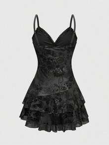 ROMWE Vestido mini con estampado de paisley, volantes, cinta y encaje inspirado en el estilo hippie vintage para mujer - Negro - Ver 2