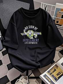 Fun Graphic Showing A Brave Space Explorer Raising His Fist With The Humorous Phrase "No Sign Of Intelligent Life Anywhere" Representing A Casual And Sarcastic Attitude. Comfortable And Modern Women's T-Shirt For Everyday Wear - 黑色 - 查看 2