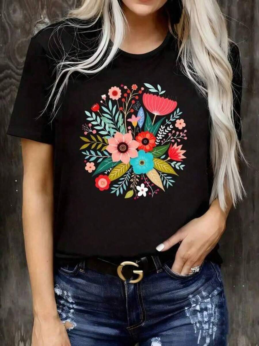 1 pieza de camiseta unisex de manga corta y cuello redondo, holgada, de 180 g, diseñada por artistas de Y2K en el estilo Bababask, hecha de 100% algodón puro. Son informales y versátiles, adecuados para ropa urbana, salidas diarias, campamentos, conciertos, eventos de hip-hop, rock y rap, y presentan diseños inspirados en celebridades. Ideal para festivales, otoño y uso durante todo el año. Ramo Floral Colorido con Hojas y Pétalos