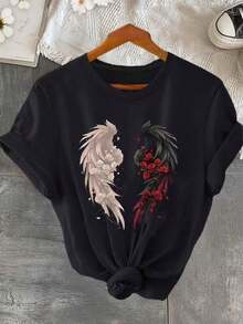 Talla Grande - Talla Grande - Una camiseta holgada con estampado gráfico de alas y rosas, ropa elegante de talla grande para mujer - Negro - Ver 2