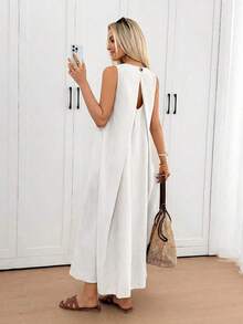 Vestido midi holgado sin mangas con espalda plisada, bajo irregular, silueta en A, tela de crepé texturizada, uso casual, relajado y elegante para la oficina/vacaciones para mujeres, primavera/verano - Blanco - Ver 4