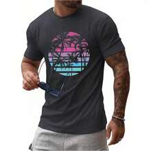 Camiseta de Cuello Redondo con Estampado para Hombre, Camiseta de Manga Corta para Verano y Otoño, Camiseta Básica 6JUP - Negro - Ver 1