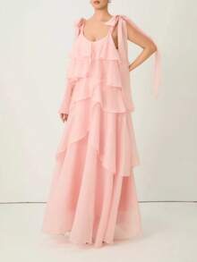 Nuevo vestido largo vacacional estilo dulce, tirantes finos, diseño pastel de múltiples capas, moda europea y americana - Rosa - Ver 2