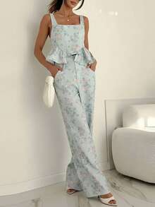 Conjunto casual primavera estilo europeo estampado con volantes elegante moda vacacional para mujer - Azul - Ver 7