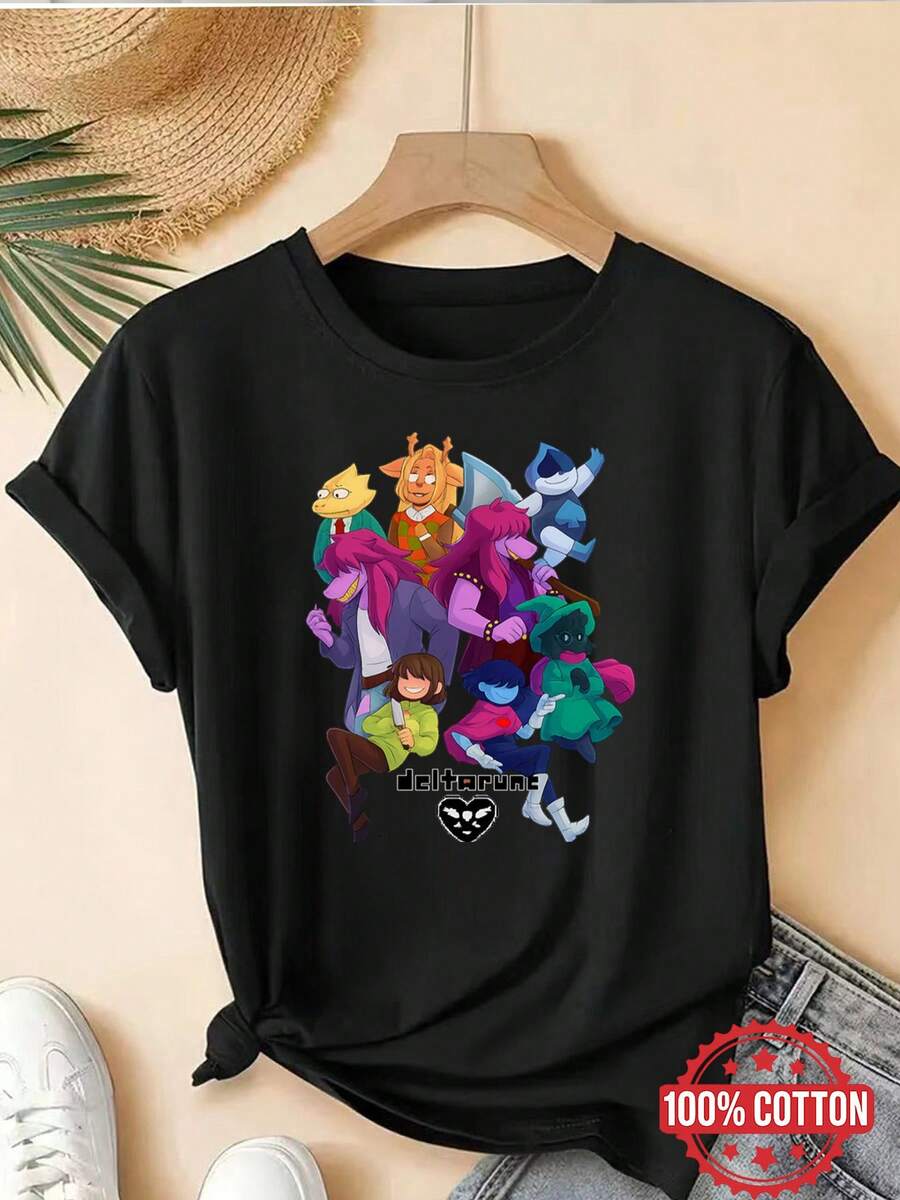 Camiseta de Mujer de Cuello Redondo con Personajes de RPG: Kris, Susie, Ralsei y Lancer - Moda Moderna - Negro - Ver 1