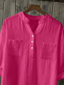 Camisa casual de talla grande con cuello con muesca, botones, bolsillo y mangas enrollables - Rosa Fucsia - Ver 3