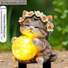 2D亚克力花园插牌，1个装 - 戴着花冠和发光球的睡猫，户外草坪和花园装饰，装饰艺术风格庭院摆件，经久耐用，适用于花坛，无需电池/电源 - A - 查看 1