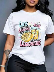 Camiseta de cuello redondo para mujer, estampado de limonada y rodaja de limón, con texto colorido "LIFE GAVE ME SOME LEMONS...", estilo alegre y dulce, top casual - Blanco - Ver 1