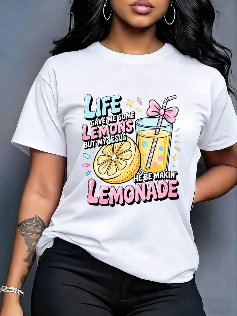Camiseta de cuello redondo para mujer, estampado de limonada y rodaja de limón, con texto colorido "LIFE GAVE ME SOME LEMONS...", estilo alegre y dulce, top casual - Blanco - Ver 1