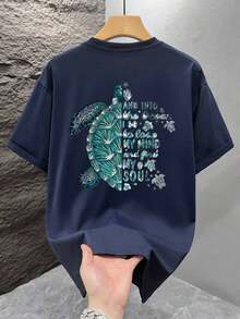 1 pieza Camiseta de hombre con estampado gráfico, ropa de playa de verano, camiseta de manga corta de corte holgado - Azul Marino - Ver 2