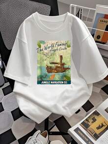 El estampado muestra un barco aventurero navegando entre hojas tropicales y aves que simbolizan libertad y exploración en selvas misteriosas, transmitiendo energía positiva y espíritu viajero camiseta de mujer  cómoda y casual para uso diario - Blanco - Ver 2