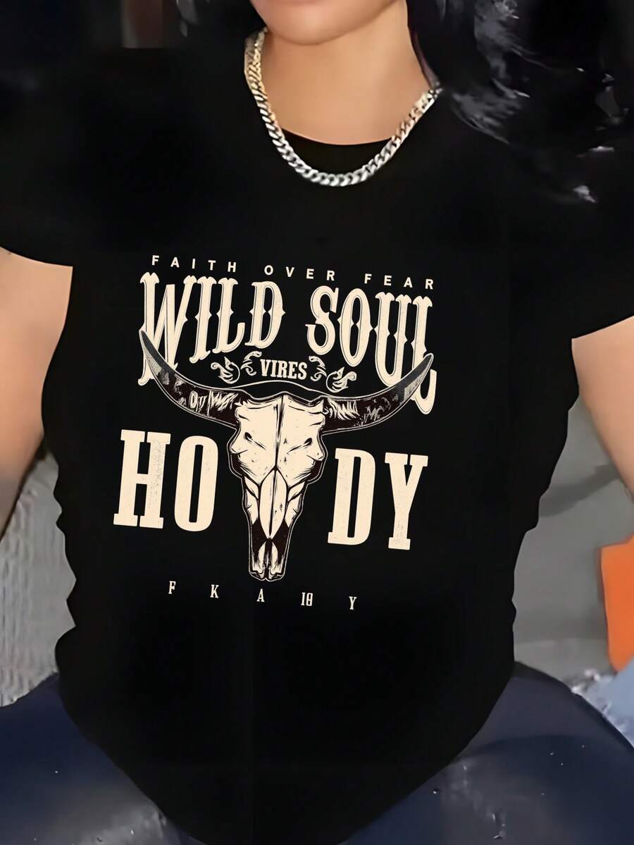 Camiseta de manga corta para mujer, con estampado de letras estilo vaquero "Howdy", combinación de cráneo de toro y elementos decorativos retro, diseño de letras góticas americanas, cuello redondo. - Negro - Ver 1