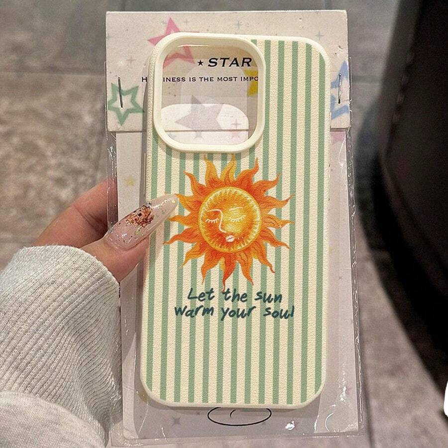 1pc TPU Material Fresh Green Striped Sun Slogan Pattern Phone Case Suitable For IPhone 17 Pro Max/17/16 Pro Max/15/13/12/11, S20 FE/A15/S24/A55, Note 11/Note 12/Note 13 Pro, Full Coverage Anti-Drop Soft Protective Phone Case