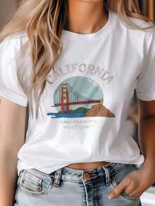 Camisa de lino casual con estampado del Puente Golden Gate de San Francisco - Camisa, conjunto de jeans y zapatillas de deporte de California West, estilo playero con sombrero de paja de verano, para el Día de los Héroes, Día del Trabajo y vacaciones de verano, top casual de manga enrollada Wo2026 - Sudadera con estampado gráfico - Estilo callejero vintage, unisex, holgada, de algodón, de manga corta y cuello redondo. Blusas para mujer. blusas.blusas casuales para dama. - Blanco - Ver 7