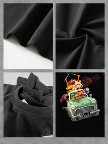 Ilustración divertida de grupo de personajes de colores viajando en coche verde simbolizando amistad aventura y alegría camiseta de mujer  cómoda y moderna para uso diario - Negro - Ver 4