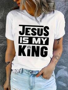 Camiseta Moderna Minimalista para Mujer, Blanca, de Cuello Redondo y Manga Corta, con Estampado de Jesús Es Mi Rey, Estilo Casual para el Día a Día - Blanco - Ver 7