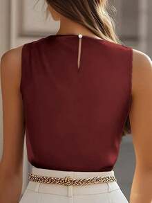 Blusa formal ajustada sin mangas con volantes en los hombros expuestos, color champán, adecuada para ir a la oficina, primavera y otoño-verano - Burdeos - Ver 5