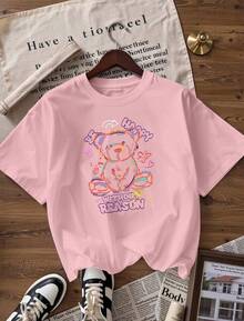 Camiseta con Oso de Peluche Estilo Grafiti y Texto "Be Happy",Camiseta de manga corta de moda para primavera y verano de 2026, hecha en México, 180 gramos. Estampado de dibujos animados, modelo de pareja, apta para uso interior o exterior. Cuello redondo, unisex, ideal para oficina y ocio. Paquete de una pieza. - PK-P631577SLNDXZGY498 - Ver 3