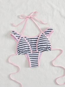 PEPPERMOLLY Bộ bikini tam giác kẻ sọc dành cho nữ, áo hai dây có thể điều chỉnh và quần bikini, thích hợp cho bãi biển, bơi lội và kỳ nghỉ. - Đen và trắng - Xem 4