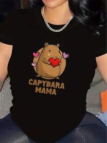 Women's Short-Sleeved T-Shirt With Capybara Mama Design | Made Of Durable Fabric, With A Round Neck And Medium Elasticity, Perfect For Casual Wear At Home Or Outdoors, Lightweight And Comfortable, For Everyday Use In Living Rooms Or Cafes. - 黑色 - 查看 1