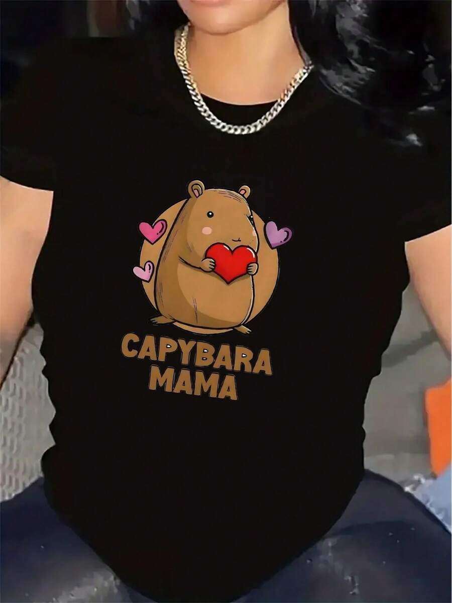 Women's Short-Sleeved T-Shirt With Capybara Mama Design | Made Of Durable Fabric, With A Round Neck And Medium Elasticity, Perfect For Casual Wear At Home Or Outdoors, Lightweight And Comfortable, For Everyday Use In Living Rooms Or Cafes. - 黑色 - 查看 1