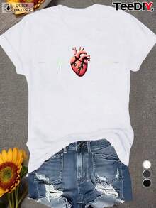 TEEDIY Camiseta Casual de Manga Corta para Mujer en Tallas Grandes - Diseño Anatómico de Corazón con Línea de Latido, Cuello Redondo, Tejido Elástico, Comodidad para Todas las Estaciones, Negra con Corazón Rojo y Diseño Artístico de Línea Blanca, Camiseta Cómoda para el Día a Día |   Camiseta de Cuello Redondo |   Ajuste Cómodo, Camisetas de Tallas Grandes para Mujer, TEEDIY, Camiseta de Tallas Grandes, Camisetas de Tallas Grandes para Mujer, Camiseta de Tallas Grandes - Blanco - Ver 1