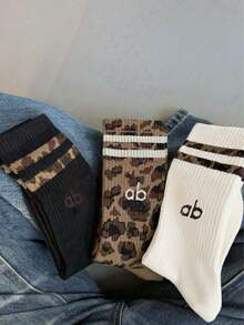 1/3/6 pares de calcetines medianos para mujer con estampado de leopardo y rayas, clásicos de moda, cómodos, suaves y transpirables, versátiles para uso diario, para todas las estaciones - Multicolor - Ver 4