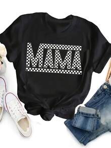 Women's Letter Print T-Shirt, Suitable For Casual Short-Sleeved Round-Neck Blouses, Regular Fit Top, Machine Washable, Spring-Summer Casual Outfit. Product Name In Chinese: Women's Letter Print Grid Mom T-Shirt - 黑色 - 查看 1