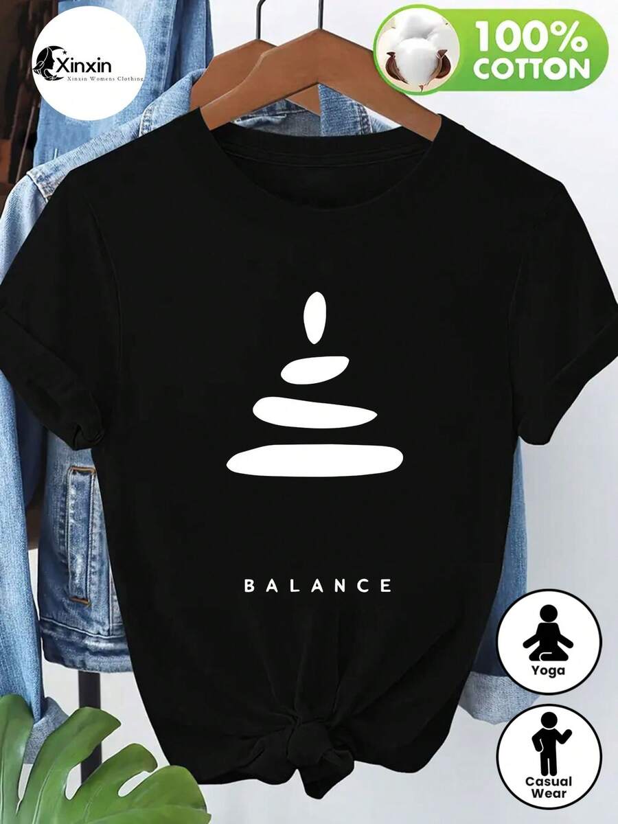 1 Unit Of Women's T-Shirt, 100% Comfortable, Fashion Design With Yoga Balance Stone And BALANCE Letters, Soft And Breathable, Casual Summer Top, Machine Washable, Ideal For Daily Indoor And Outdoor Use - 黑色 - 查看 1