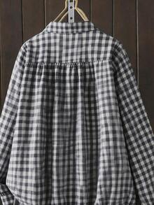 女士复古格子纽扣衬衫，宽松立领针织衫，适合春秋季穿着 - 藏藍格子 - 查看 2