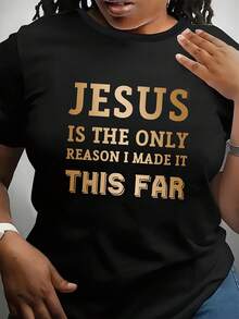 Plus Size, Plus Size Women's Basic Christian Faith T-Shirt- "This Is The Only Reason I Got This Far" Golden Foil Print- Black And Gray Religious Clothing- Opaque Fabric- All-Season Daily And Special Occasion Church Wear- Washable Women's Shirt, Faith - 黑色 - 查看 1