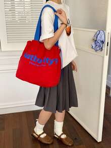 Tas Kanvas Bahu Serut Kapasitas Besar Model Baru 2025, Tas Tote Nilon dengan Motif Huruf Jepang, untuk Perjalanan Sehari-hari - Merah - View 5