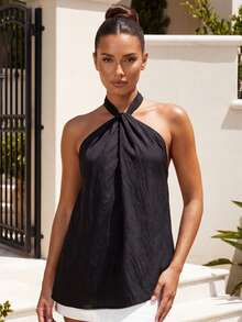 Women Tie-Up Halter Tops Loose Solid Color Sleeveless Open Back Ruffled Shirts Stylish Summer Streetwear - Black - View 1