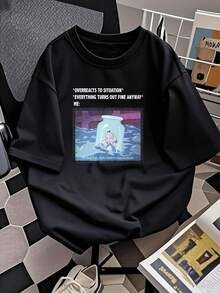 A Humorous Illustration Depicting A Young Woman Trapped Inside A Jar Floating In Water, Expressing A Mixture Of Sadness And Ironic Humor About Emotions; A Comfortable And Breathable Casual Women's T-Shirt - 黑色 - 查看 2