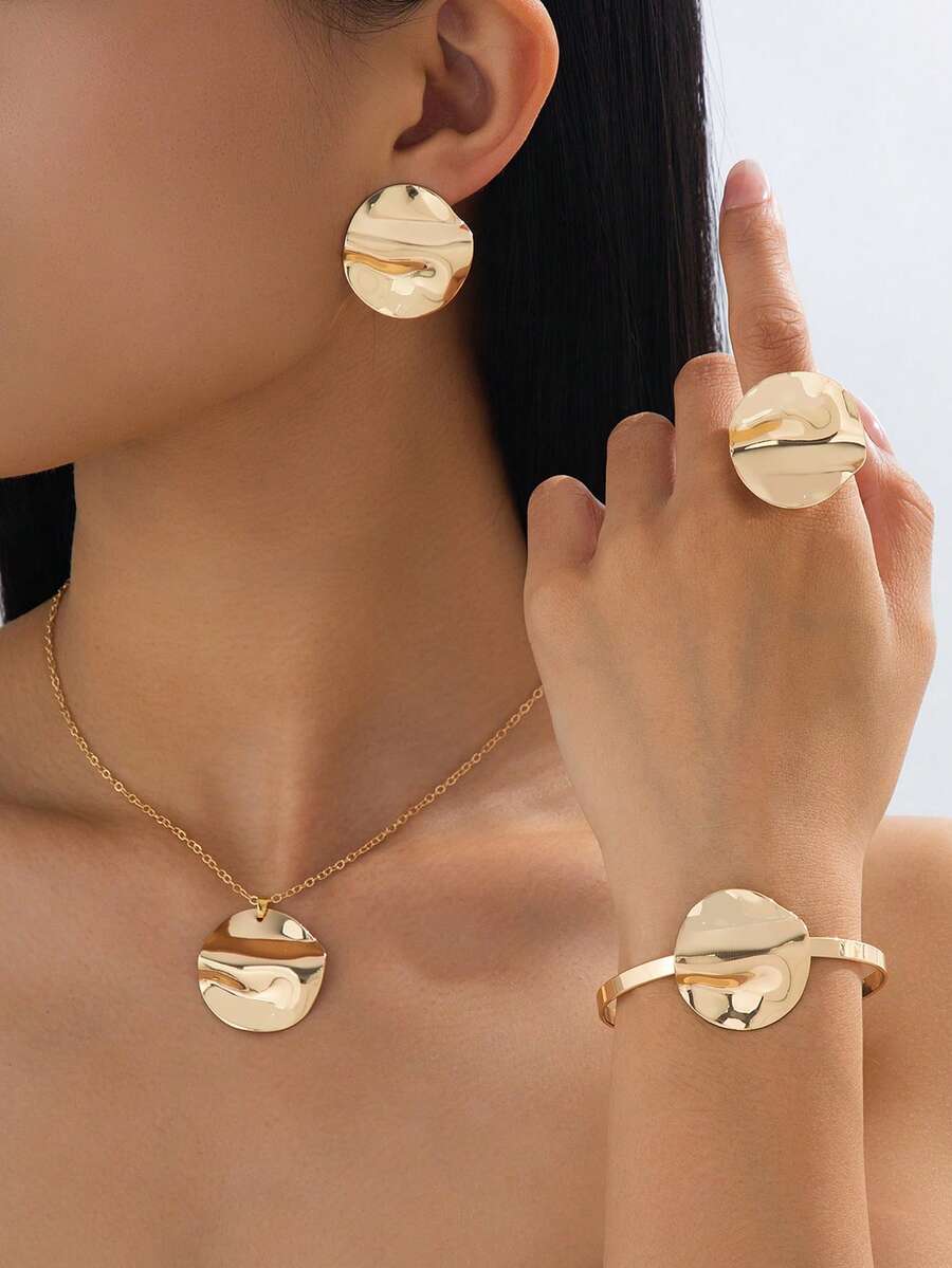 Bộ trang sức nữ đa năng, tối giản, cổ điển gồm 1 bông tai hình học tròn bóng bẩy, 1 dây chuyền, 1 nhẫn và 1 vòng tay. - Vàng - Xem 1