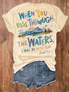 Graphic Print T-Shirt, Short Sleeve Round Neck Casual Top For Summer And Spring, Women's Clothing - Apricot - View 2