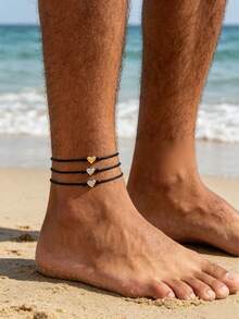 3pcs Minimalist Heart Pendant Anklet Set For Men, Suitable For Daily Wear, Beach, Vacation, Summer Accessories - Black - View 4