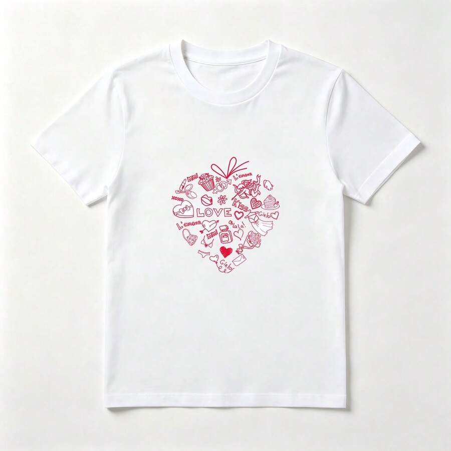 Red Heart White Cotton T-Shirt Romantic Comfortable - 白色 - 查看 1