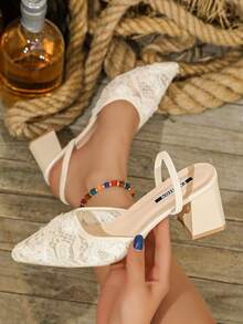 2026 New Summer Mesh Heeled Sandals For Women, Embroidered Pointed Toe French Style High Heels Suitable For Dresses - Beige - View 1