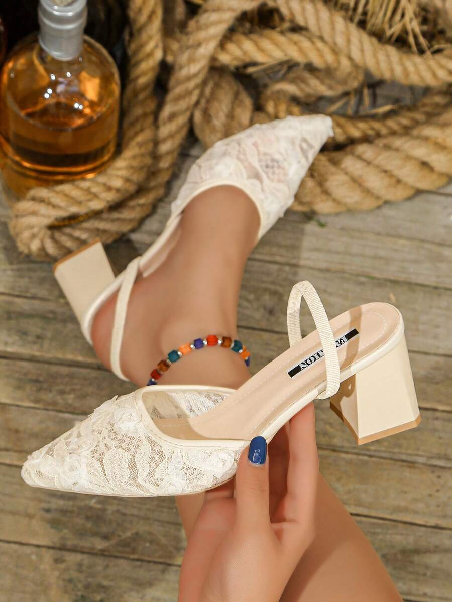 2026 New Summer Mesh Heeled Sandals For Women, Embroidered Pointed Toe French Style High Heels Suitable For Dresses - Beige - View 1